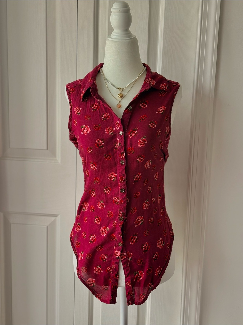 No Boundaries Sleeveless Button-Up Top in Burgundy Floral